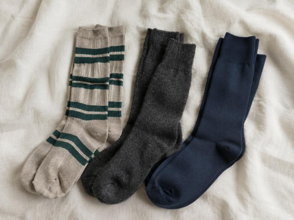 Three pairs of RINE K socks laid on cream linen