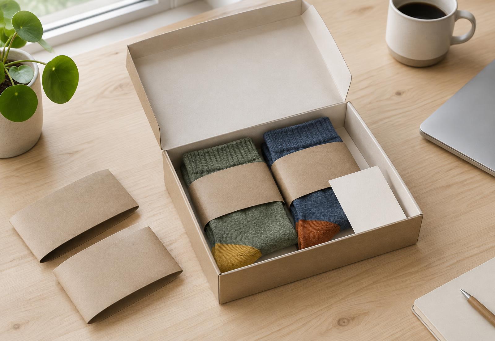 Ivory gift box with two pairs of socks in paper sleeves on an office desk